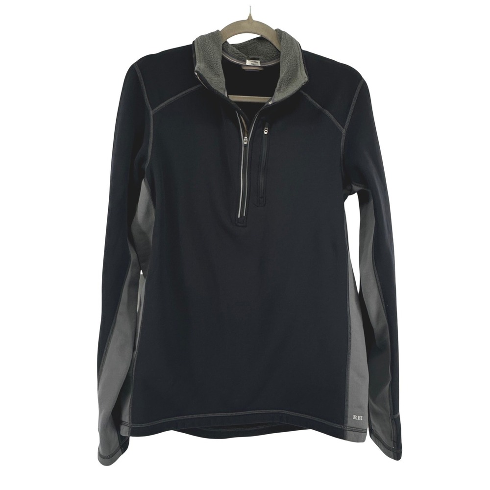REI 1/4 Zip Pullover Men Medium Black Gray Fleece Lined Layering Gorpcore